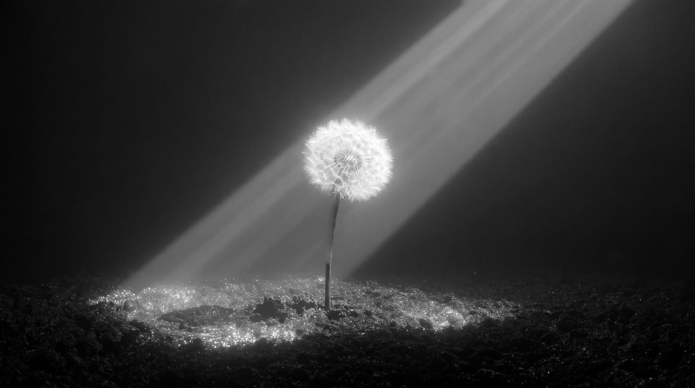 A dandelion seed head in a single beam of light, with a few seeds drifting up through it.