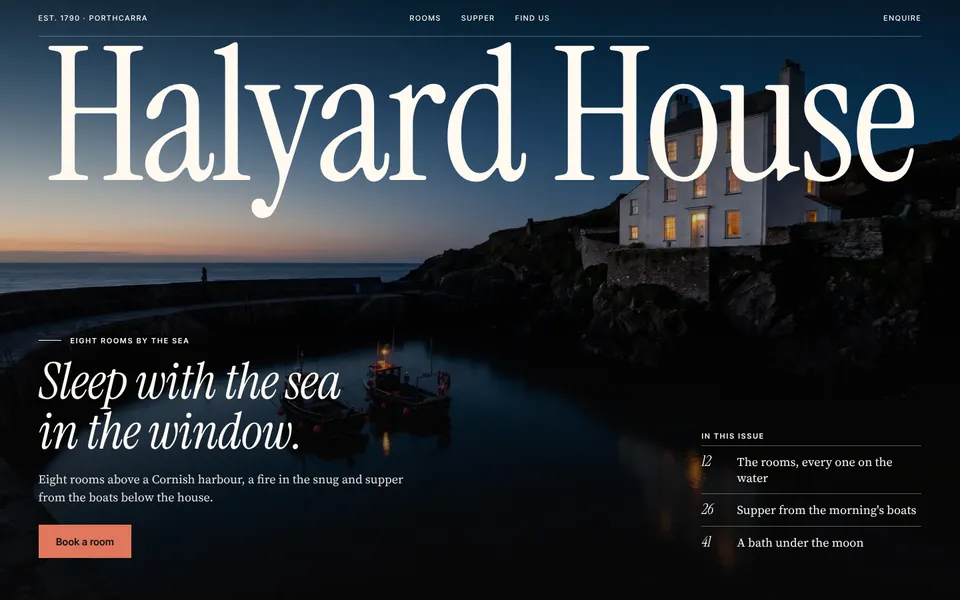The filled Editorial Night first screen: the house lit at blue hour above the harbour, its name set as a masthead.