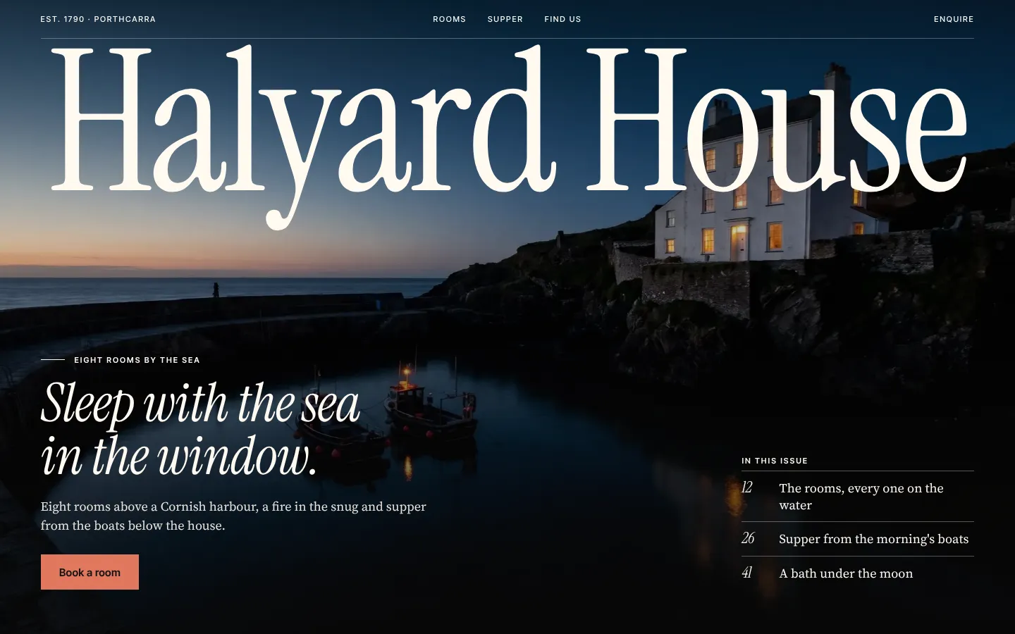 After: the same house in Editorial Night, lit at blue hour above the harbour, its name set as a masthead over the cover line Sleep with the sea in the window.