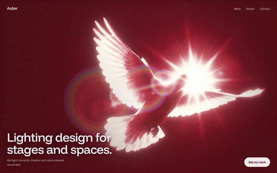 The Luminous color look's first screen: a white dove in a burst of light on deep crimson