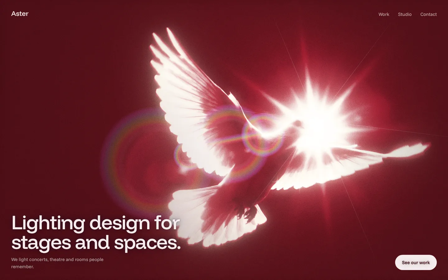 A white dove spreading its wings in a burst of light on deep crimson.