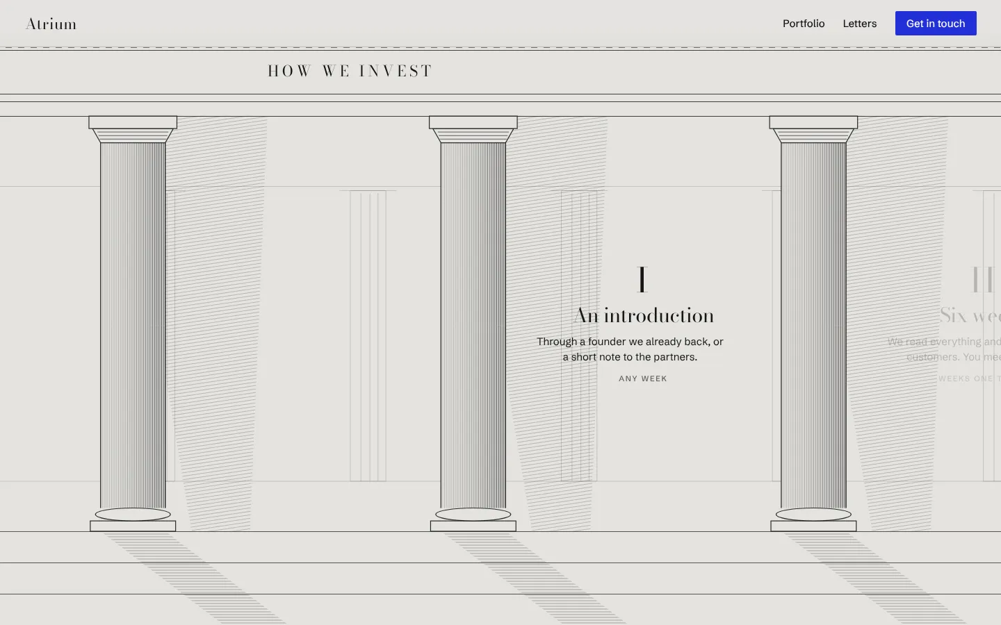 Pale stone columns passing by as the four steps of an investment process come forward one at a time.