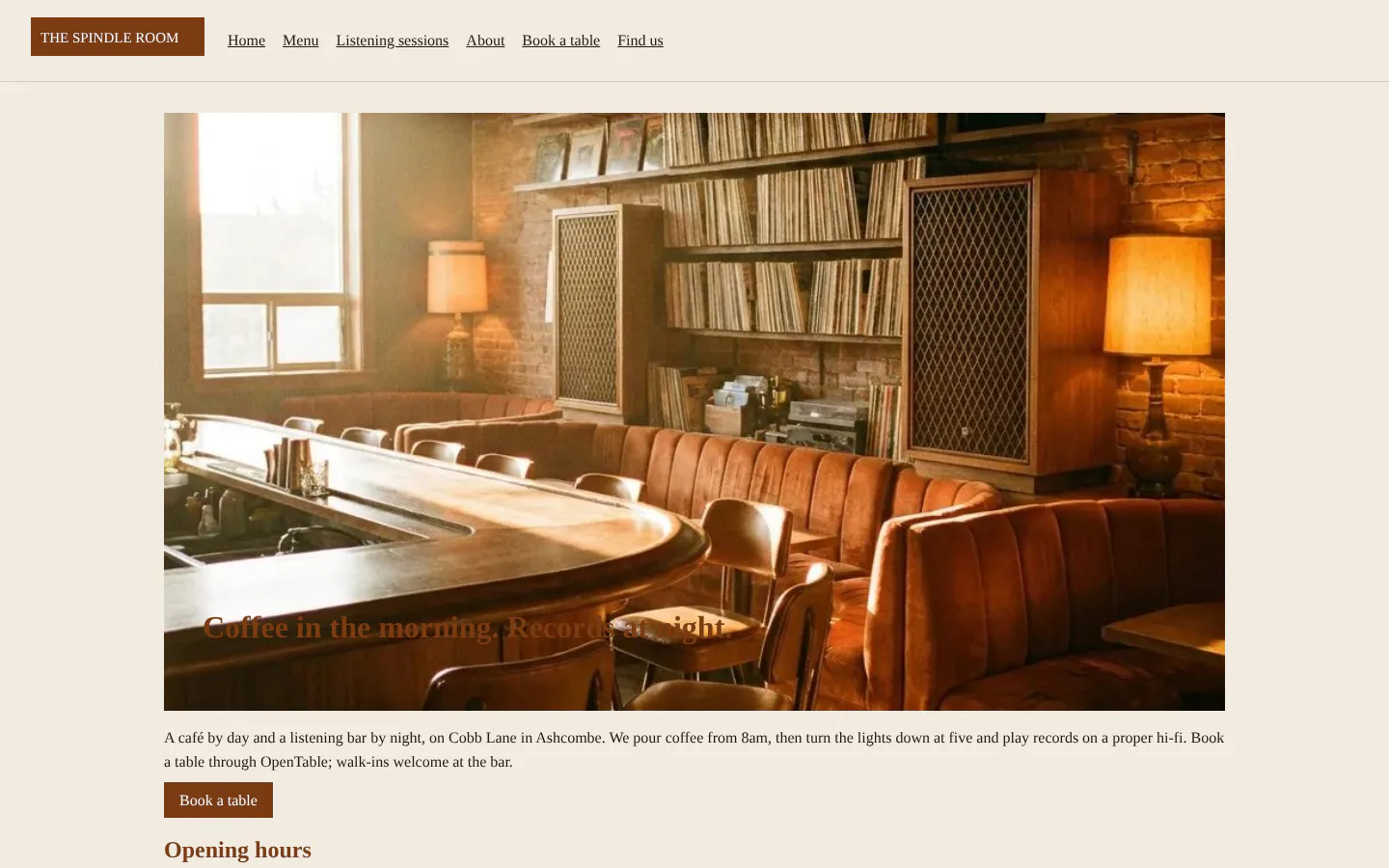 Before: The Spindle Room's site today, a brown boxed logo, underlined links and a photograph of the bar with its headline lost across it.